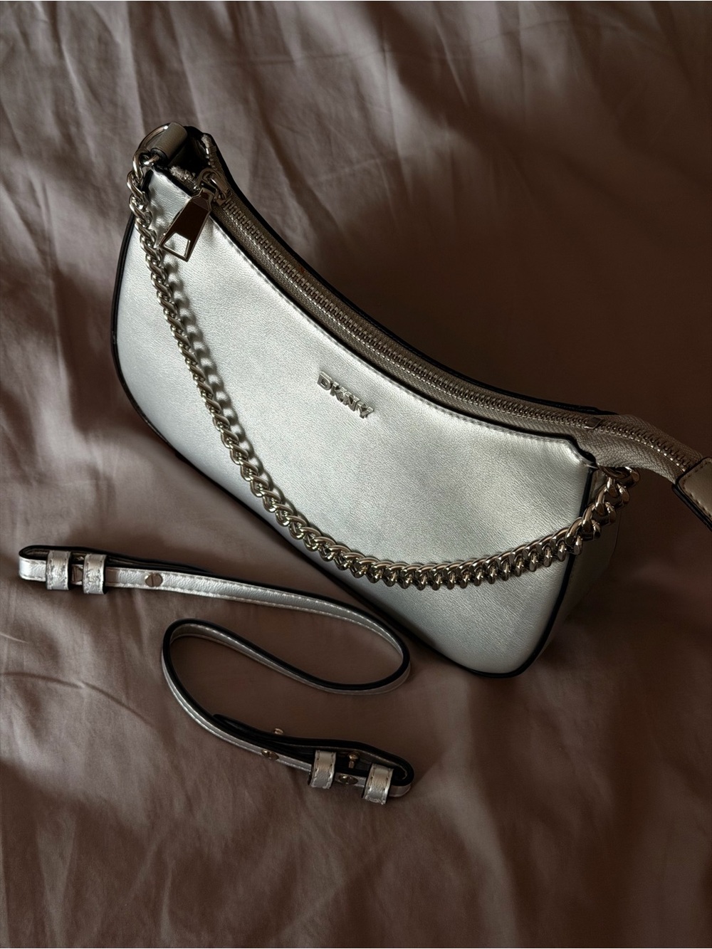 DKNY Metallic Silver Mini Shoulder Bag with Chain